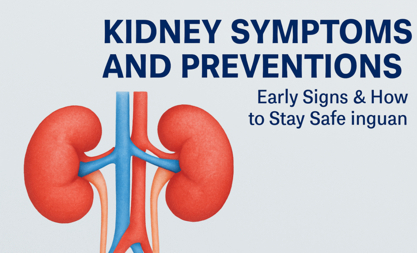 Illustrated kidney anatomy with medical text highlighting early symptoms and prevention of kidney disease, created for kidney health awareness in Gurgaon.