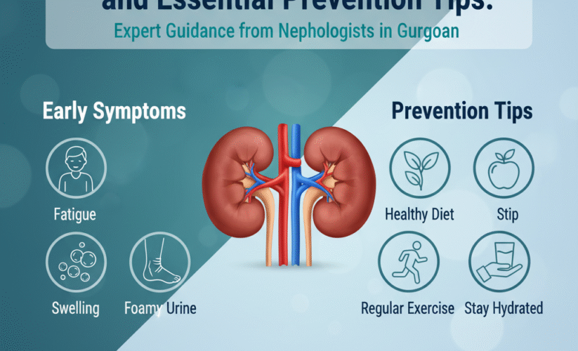 Doctor consulting a patient with kidney health infographic in the background, symbolizing expert kidney care, early detection, and prevention of chronic kidney disease